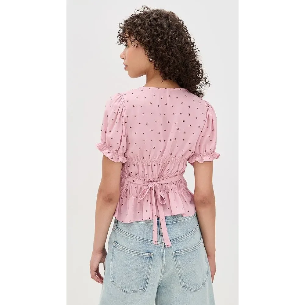Free People NWT Adore You Smocked Peplum Blouse Pink Mauve Puff Sleeve M